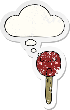 Düşünce baloncuklu çizgi film lolipopu insan tarafından çizilmiş yıpranmış bir çıkartma.