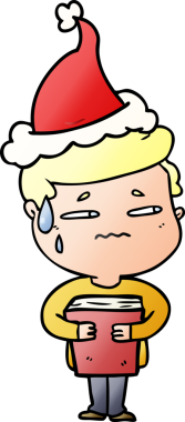 Bir insan tarafından çizilmiş Noel Baba şapkası giymiş endişeli bir çocuğun el çizimi karikatürü.