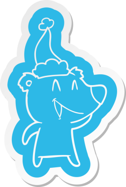 Gülen ayı çizgi film çıkartması. Bir insan tarafından çizilmiş Noel Baba şapkası.