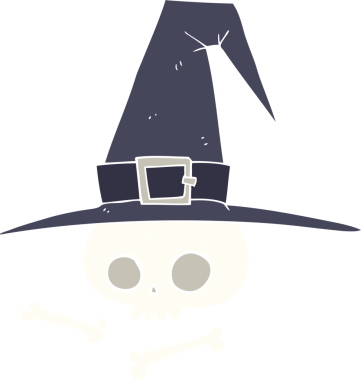 Bir insan tarafından çizilmiş kafatası ile cadı şapkasının düz renk çizimi