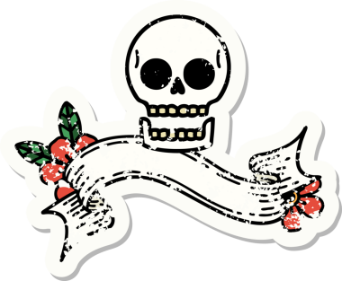 Bir insan tarafından çizilmiş kafatasının pankartıyla eski bir etiket.