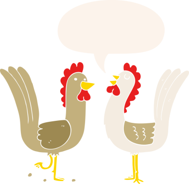 Bir insan tarafından çizilmiş, konuşma baloncuklu çizgi film tavukları.