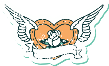 Bir insan tarafından çizilmiş çiçek ve pankartıyla uçan bir kalbin sembolik dövmeli resmi.