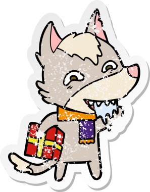 Bir insan tarafından çizilmiş Noel hediyesini taşıyan karikatür aç bir kurdun sıkıntılı çıkartması.