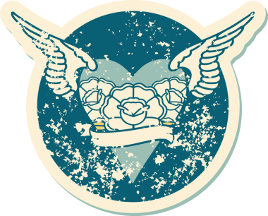 Bir insan tarafından çizilmiş çiçek ve pankartıyla uçan bir kalbin sembolik dövmeli resmi.