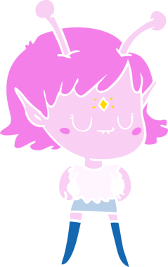 Bir insan tarafından çizilmiş düz renkli uzaylı kız çizgi filmi.