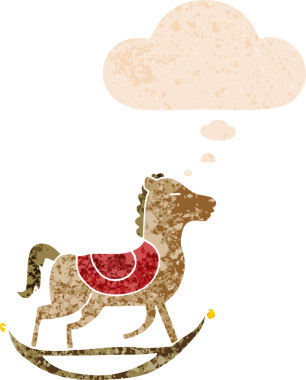 Düşünce baloncuğu ile çizgi film sallanan at grunge sıkıntılı retro dokuma bir insan tarafından çizilmiş