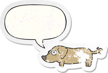 Konuşma baloncuğu olan küçük bir köpek, bir insan tarafından çizilmiş sıkıntılı eski bir çıkartma.