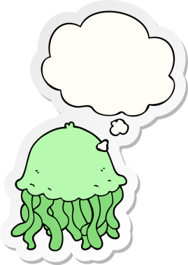 Düşünce baloncuklu çizgi film denizanası insan tarafından çizilmiş bir çıkartma.