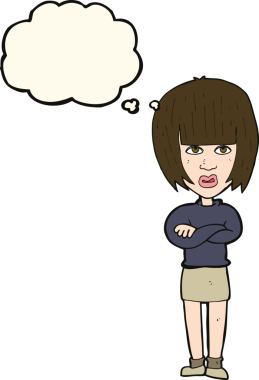 Bir insan tarafından çizilmiş düşünce baloncuğuyla rahatsız bir kadın.