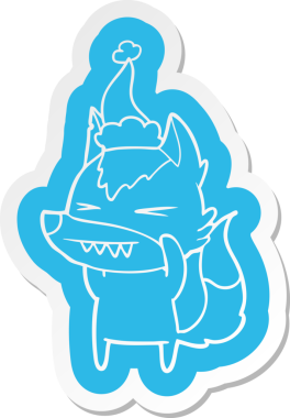 Kızgın kurt çizgi film çıkartması. Bir insan tarafından çizilmiş Noel Baba şapkası.