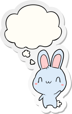 Bir insan tarafından çizilmiş bir çıkartma gibi düşünce balonuyla sallanan çizgi film tavşanı.