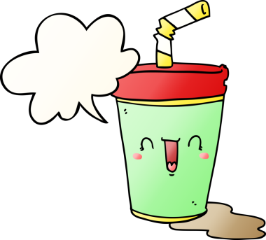 Bir insan tarafından çizilmiş, konuşma baloncuklu tatlı bir karikatür soda.