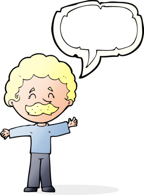 Bir insan tarafından çizilmiş konuşma balonlu bıyıklı çizgi film çocuğu.