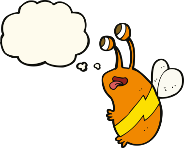 Bir insan tarafından çizilmiş düşünce balonlu komik bir arı.