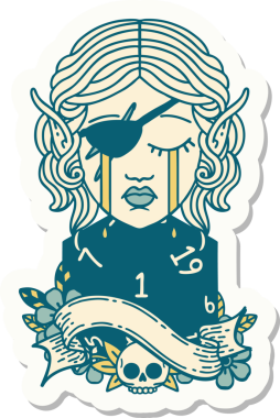 Hüzünlü bir elf karakterinin çıkartması. İnsan tarafından çizilmiş doğal bir d20 rulo.