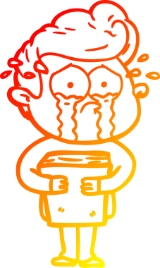 Bir insan tarafından çizilmiş kitabı tutan, ağlayan bir adamın çizgi film çizimi.