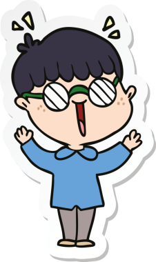 Bir insan tarafından çizilmiş gözlüklü bir çizgi film çocuğunun çıkartması.