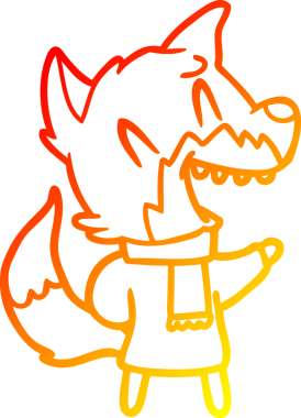 Bir insan tarafından çizilmiş kışlık giysiler içindeki gülen tilki çizimi.