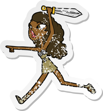 Bir insan tarafından çekilen kılıçlı bir çizgi film kızına ait gerici bir yapıştırma.