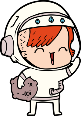 Mutlu uzay kızı elinde bir insan tarafından çizilmiş ay taşını tutuyor.