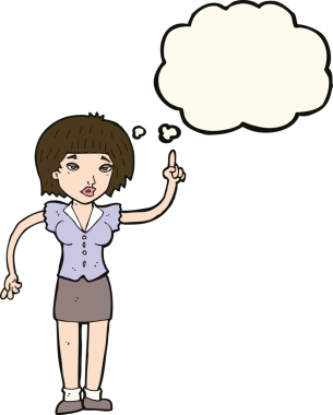 Bir insan tarafından çizilmiş düşünce baloncuğu fikri olan karikatür kadın.