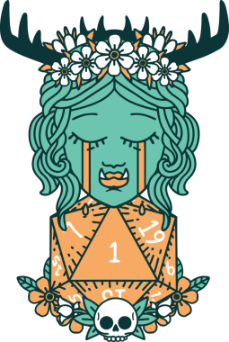 Retro Dövme Tarzı Hüzünlü Yarı Ork Druid Karakteri Bir zar bir insan tarafından çizilmiş