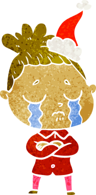 Bir insan tarafından çizilmiş Noel Baba şapkası takan ağlayan bir kadının el çizimi karikatürü.