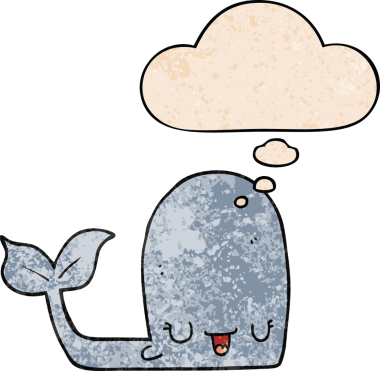 Düşünce baloncuklu çizgi film mutlu balina bir insan tarafından çizilmiş grunge doku tarzı