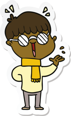 Bir insan tarafından çizilmiş gözlüklü bir çizgi film çocuğunun çıkartması.