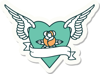 Geleneksel kalp tarzında bir dövme çıkartması. Kanatlarıyla bir insan tarafından çizilmiş bir gül ve bayrak.