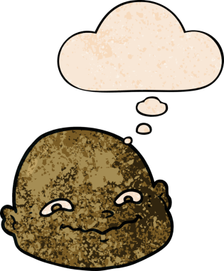 bir insan tarafından çizilmiş grunge desenli düşünce baloncuğu olan kel bir adam.