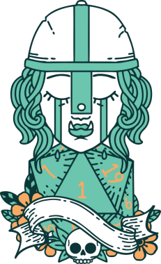 Retro Dövme Tarzı Ağlayan Ork Savaşçısı karakteri yüzü ve bir insan tarafından çizilmiş bir d20 rulosu.