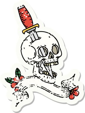 Bir insan tarafından çizilmiş kafatasının pankartıyla eski bir etiket.