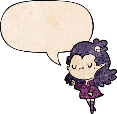 Bir insan tarafından çizilmiş geçmişe dönük konuşma baloncuğu olan şirin vampir kız.