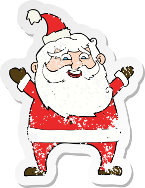 Bir insan tarafından çizilmiş neşeli bir Noel Baba karikatürünün gerilimli retro yapıştırması.