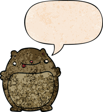 Bir insan tarafından çizilmiş eski moda konuşma baloncuklu çizgi film şişman ayısı.