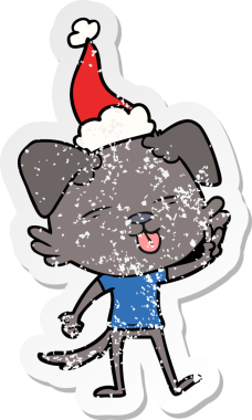 Bir insan tarafından çizilmiş Noel Baba şapkası takan, dili dışarı fırlamış bir köpeğin el çizimi karikatürü.