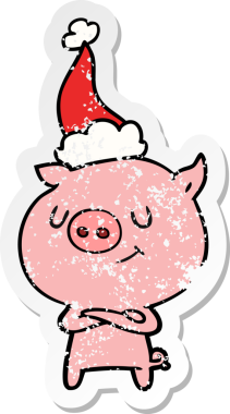Mutlu el, insan tarafından çizilmiş Noel Baba şapkası takan bir domuzun kederli çıkartması.