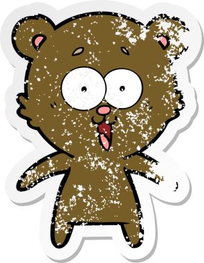 Bir insan tarafından çizilmiş gülen oyuncak ayının sıkıntılı çıkartması.