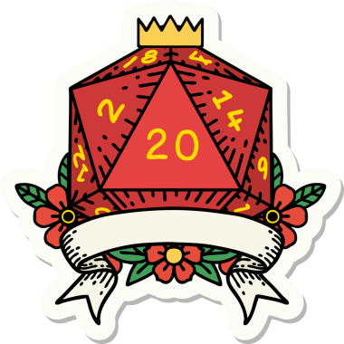 Bir insan tarafından çizilmiş 20 kritik vuruşluk D20 zar etiketi.