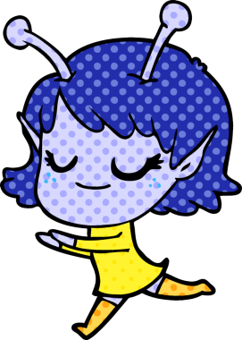 Bir insan tarafından çizilmiş gülümseyen uzaylı kız çizgi filmi.