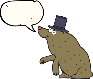 Bir insan tarafından çizilmiş silindir şapkalı serbest konuşma balonu çizgi film ayısı.