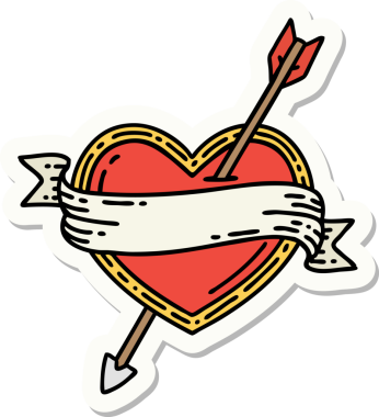 Bir insan tarafından çizilmiş ok kalp ve pankartın geleneksel stiliyle dövme çıkartması.