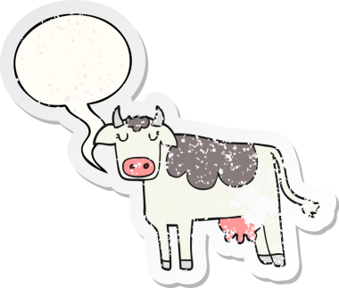 Konuşma baloncuğu olan çizgi film ineği bir insan tarafından çizilmiş sıkıntılı eski bir çıkartma