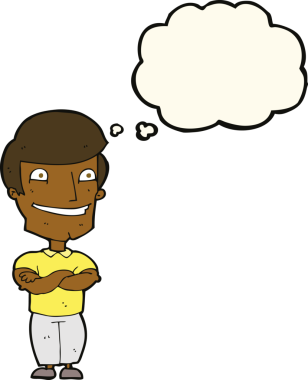 Bir insan tarafından çizilmiş düşünce baloncuğu ile sırıtan çizgi film adamı.