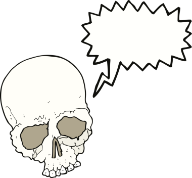 Bir insan tarafından çizilmiş konuşma baloncuğu olan ürkütücü, yaşlı bir kafatası.