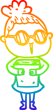 Bir insan tarafından çizilmiş gözlük takan bir karikatür kadının çizimi.