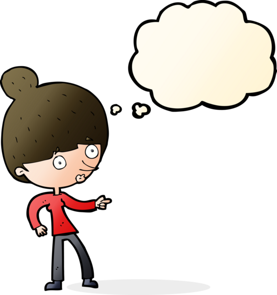 Bir insan tarafından çizilmiş düşünce balonuyla işaret eden çizgi film kadını.