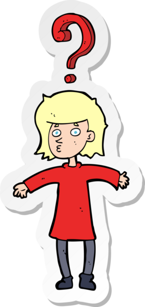 Bir insan tarafından çizilmiş sorular soran bir karikatür kadının çıkartması.